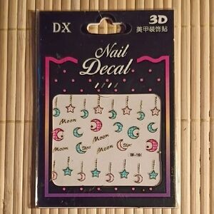 3D Moon & Star Nail Decals — Pink & Teal Accent Stickers